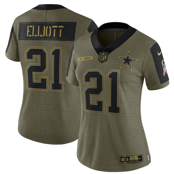 Women's Dallas Cowboys #21 Ezekiel Elliott 2021 Olive Salute To Service Limited Stitched Jersey（Run Small）